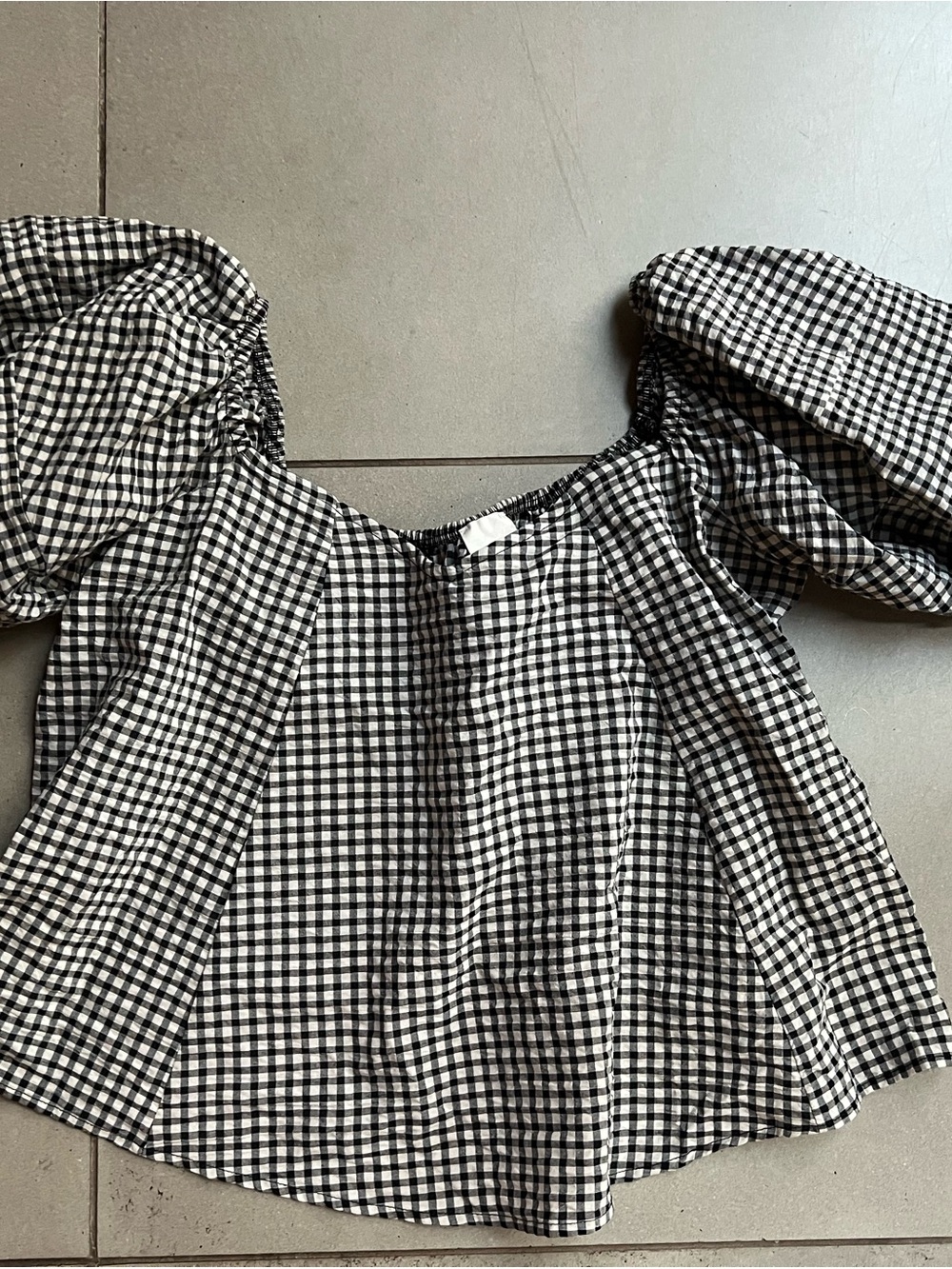 Maeve Black and White Gingham Puff-Sleeve Top